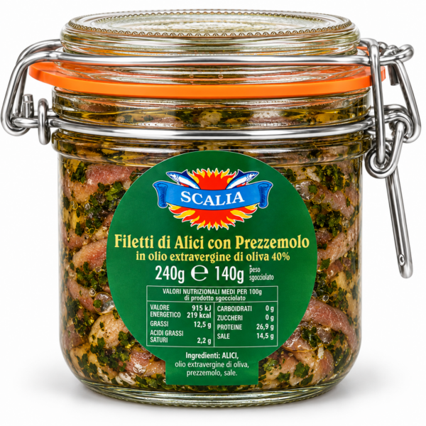 alici con prezzemolo Filetti di Alici sott'olio al prezzemolo da 240 gr - immagine 1